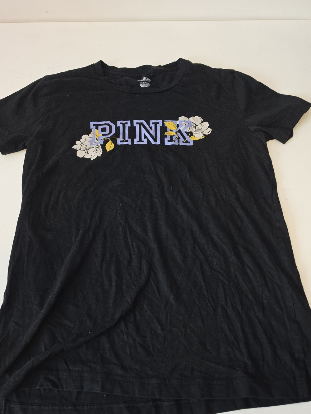 PINK Victoria's Secret Black Short Sleeve Tee with Purple Logo & White Floral